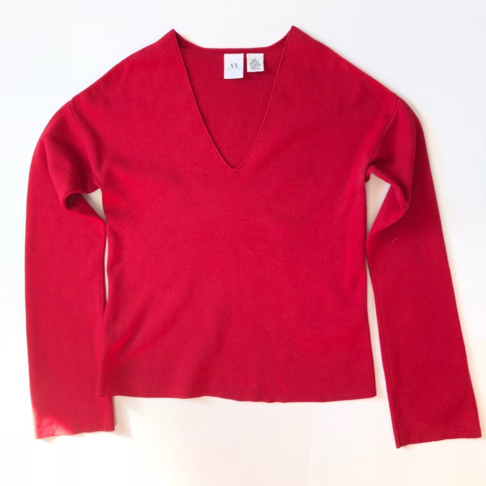 A|X Red V Neck Silk Knit Cold Shoulder Cut Out Top
